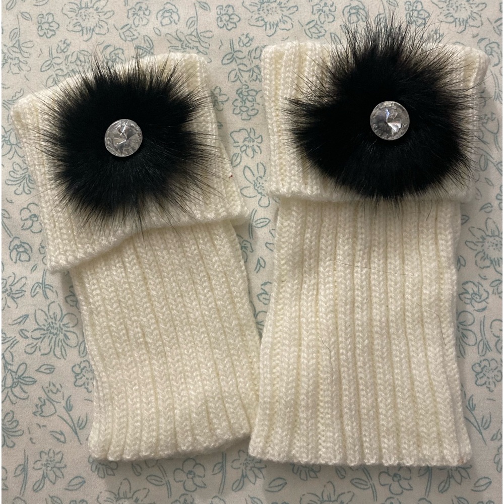 White Knit Leg Warmers with Black Fur Pom Pom